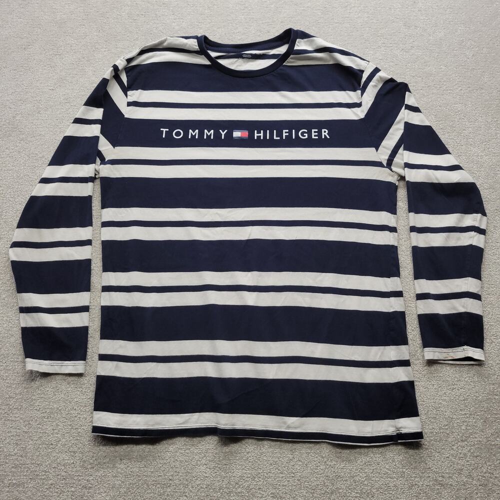 Tommy Hilfiger Mens 2XL Long Sleeve T Shirt Navy White Striped Spellout Logo